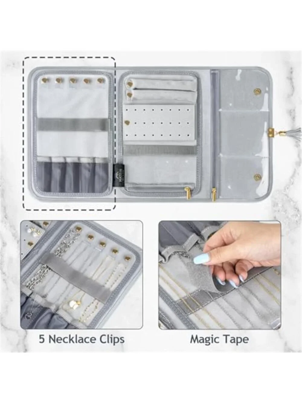 Travel Jewelry Organizer Roll Necklace Ring Earring Storage Case Portable Gray